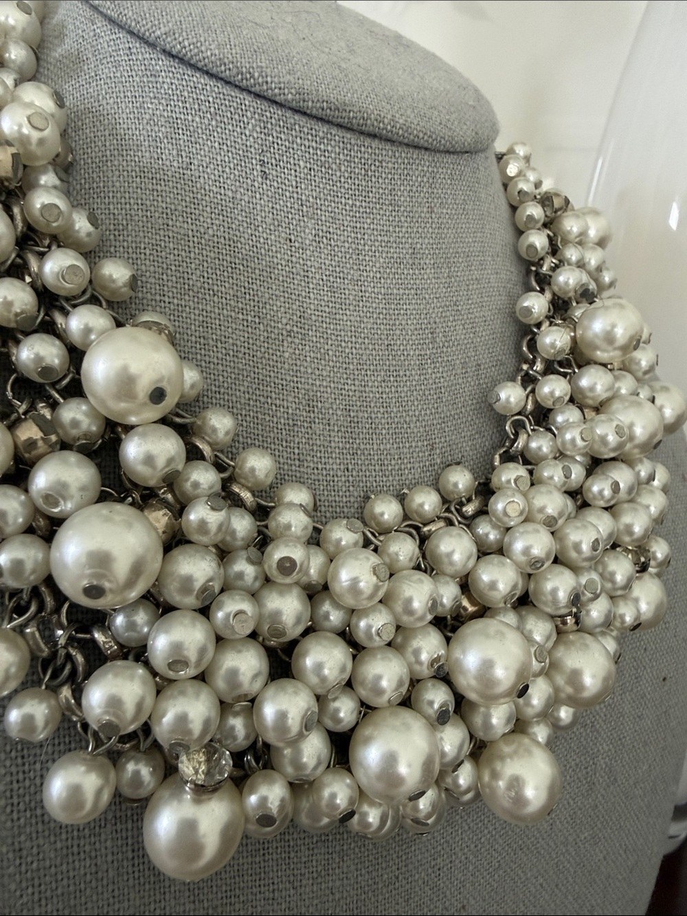 Statement Multi-Strand Pearl Cluster Necklace - Silver Tone - Picture 2 of 10